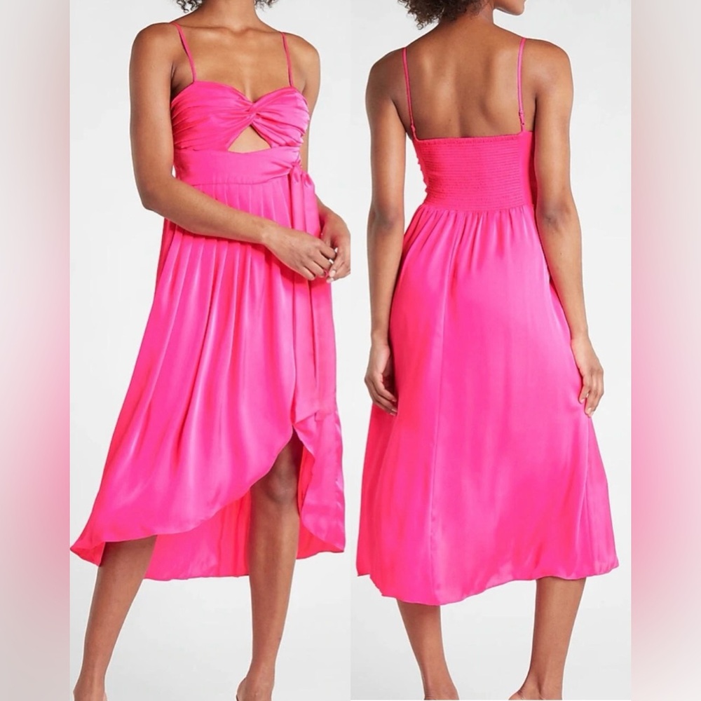 Express NWT Hot Pink Satin Hi-Lo Cutout Midi Dress